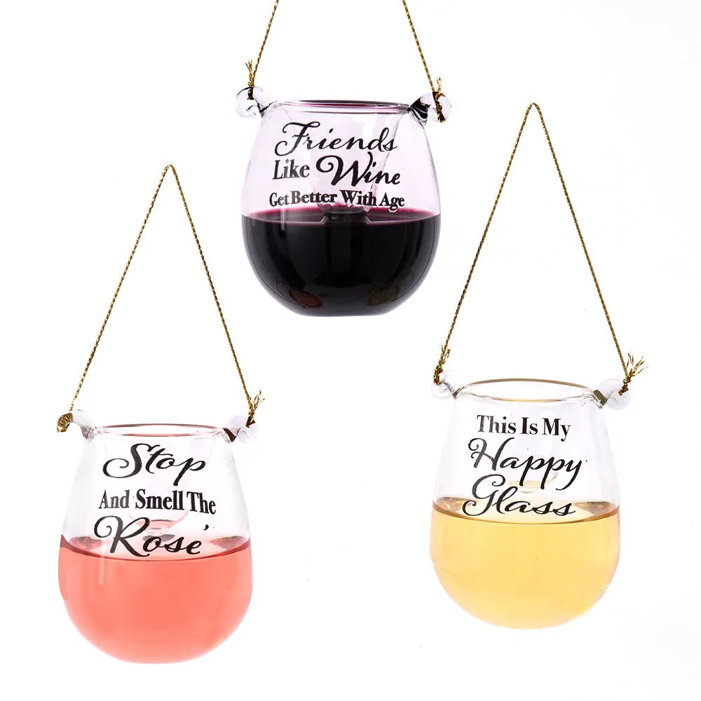 WINE GLASS Stemless With Sayings Ornaments, RED, ROSE, WHITE