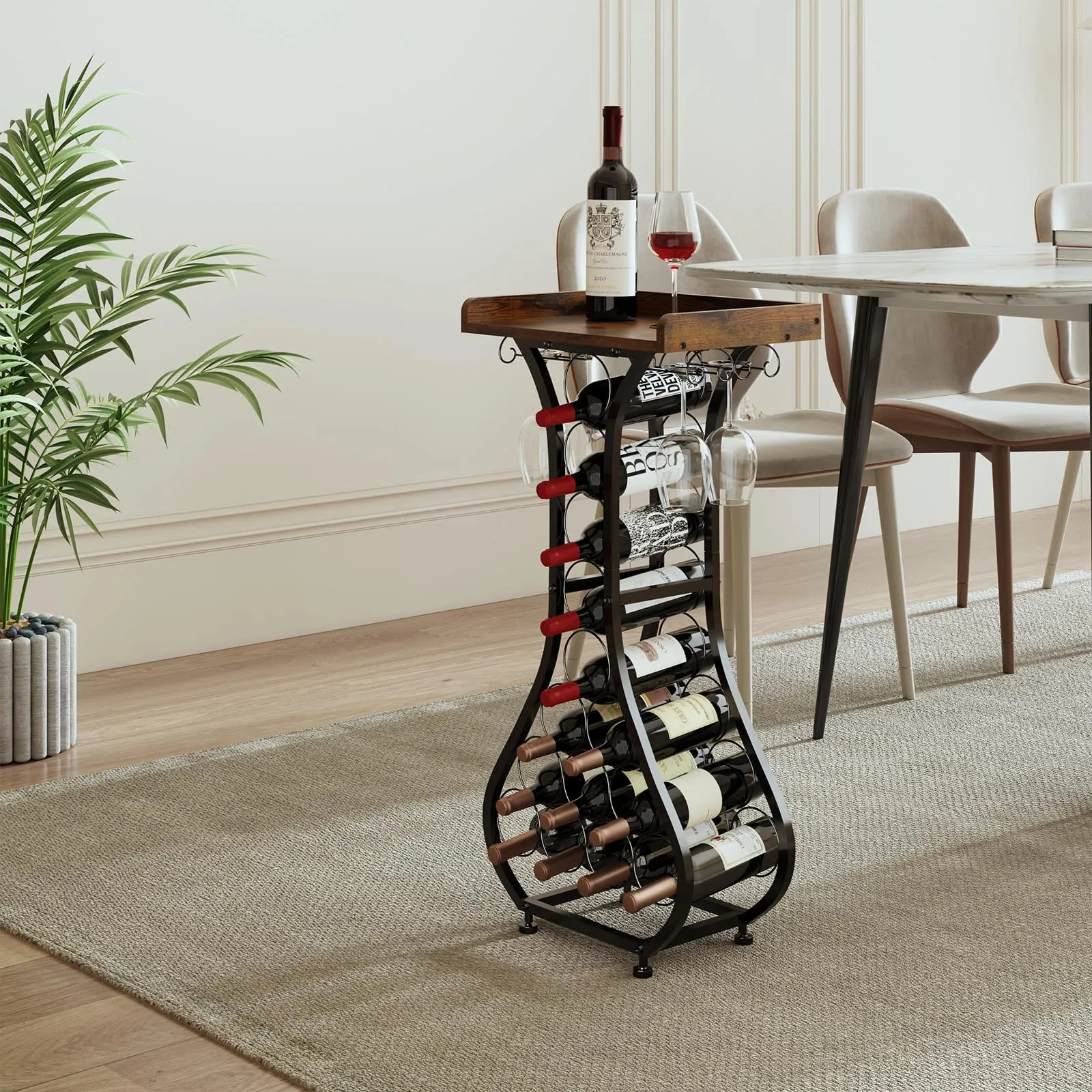 X-cosrack Wine Rack Freestanding Floor, Mini Bar Table Wine Holder Stand Liquor Cabinet with Glass Holder Wood Tabletop 14 Bottles Floor Wine Storage for Home Bar Kitchen Living Room (Patent Pending)