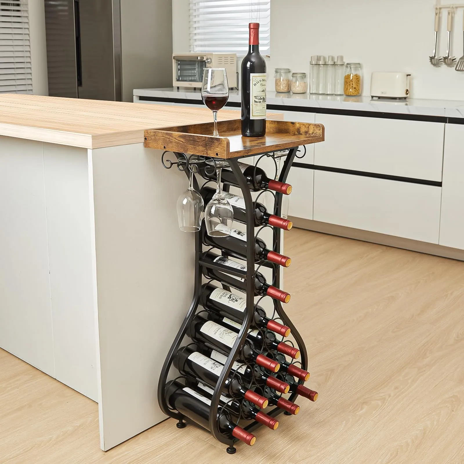 X-cosrack Wine Rack Freestanding Floor, Mini Bar Table Wine Holder Stand Liquor Cabinet with Glass Holder Wood Tabletop 14 Bottles Floor Wine Storage for Home Bar Kitchen Living Room (Patent Pending)