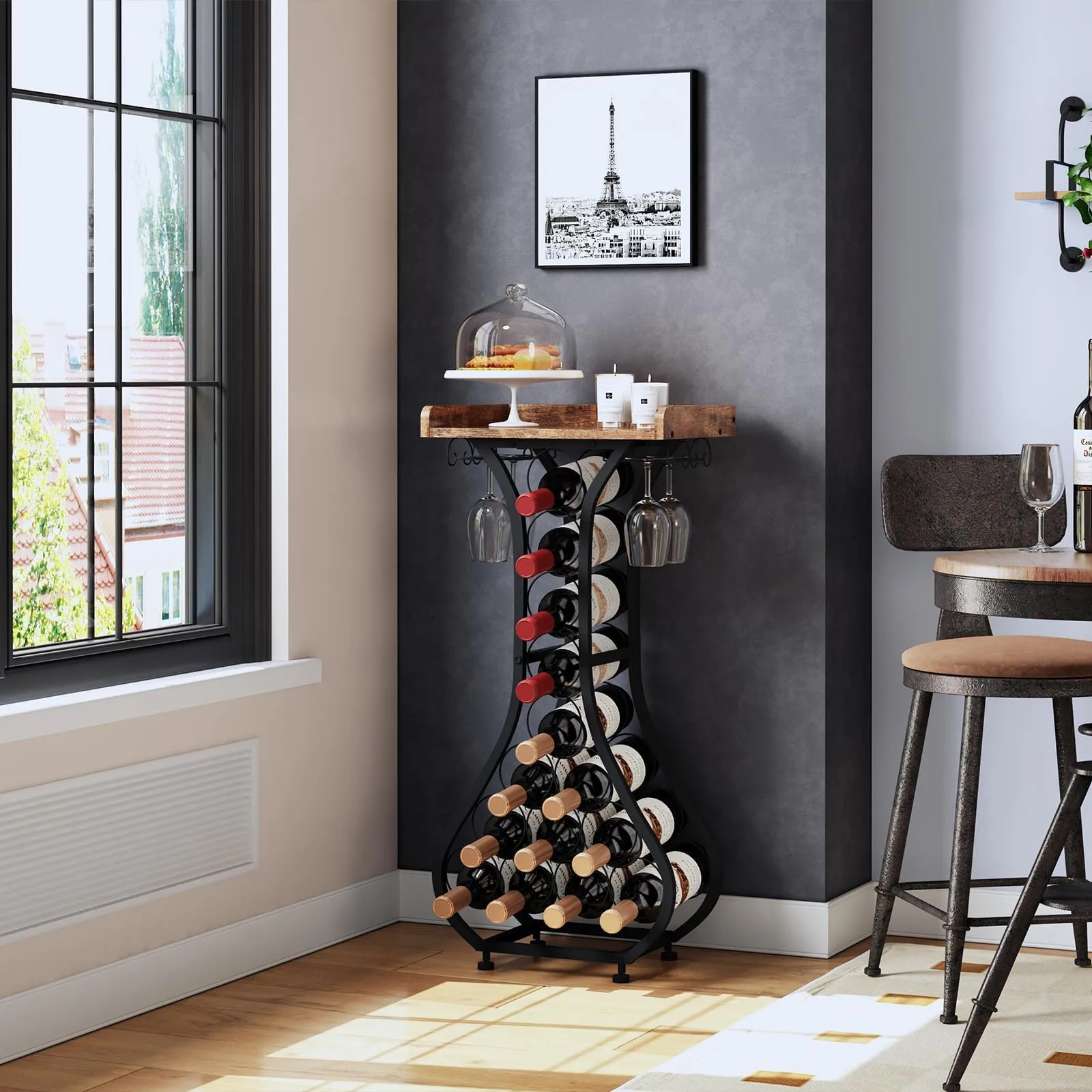 X-cosrack Wine Rack Freestanding Floor, Mini Bar Table Wine Holder Stand Liquor Cabinet with Glass Holder Wood Tabletop 14 Bottles Floor Wine Storage for Home Bar Kitchen Living Room (Patent Pending)