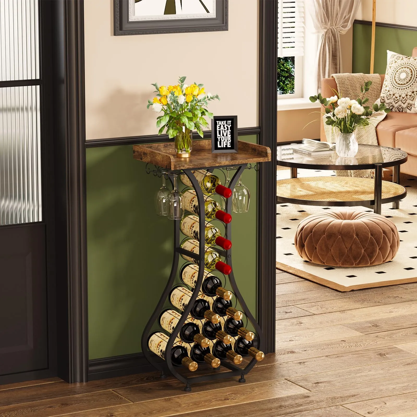 X-cosrack Wine Rack Freestanding Floor, Mini Bar Table Wine Holder Stand Liquor Cabinet with Glass Holder Wood Tabletop 14 Bottles Floor Wine Storage for Home Bar Kitchen Living Room (Patent Pending)