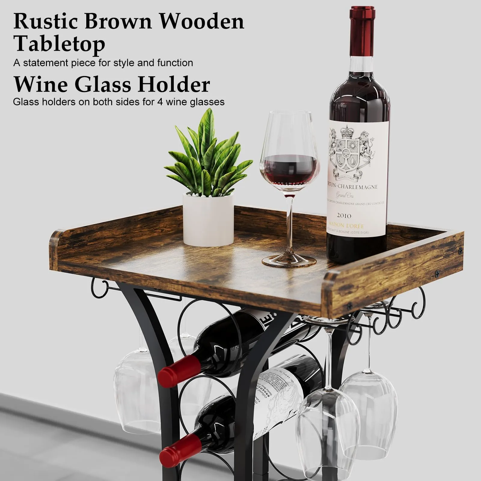 X-cosrack Wine Rack Freestanding Floor, Mini Bar Table Wine Holder Stand Liquor Cabinet with Glass Holder Wood Tabletop 14 Bottles Floor Wine Storage for Home Bar Kitchen Living Room (Patent Pending)